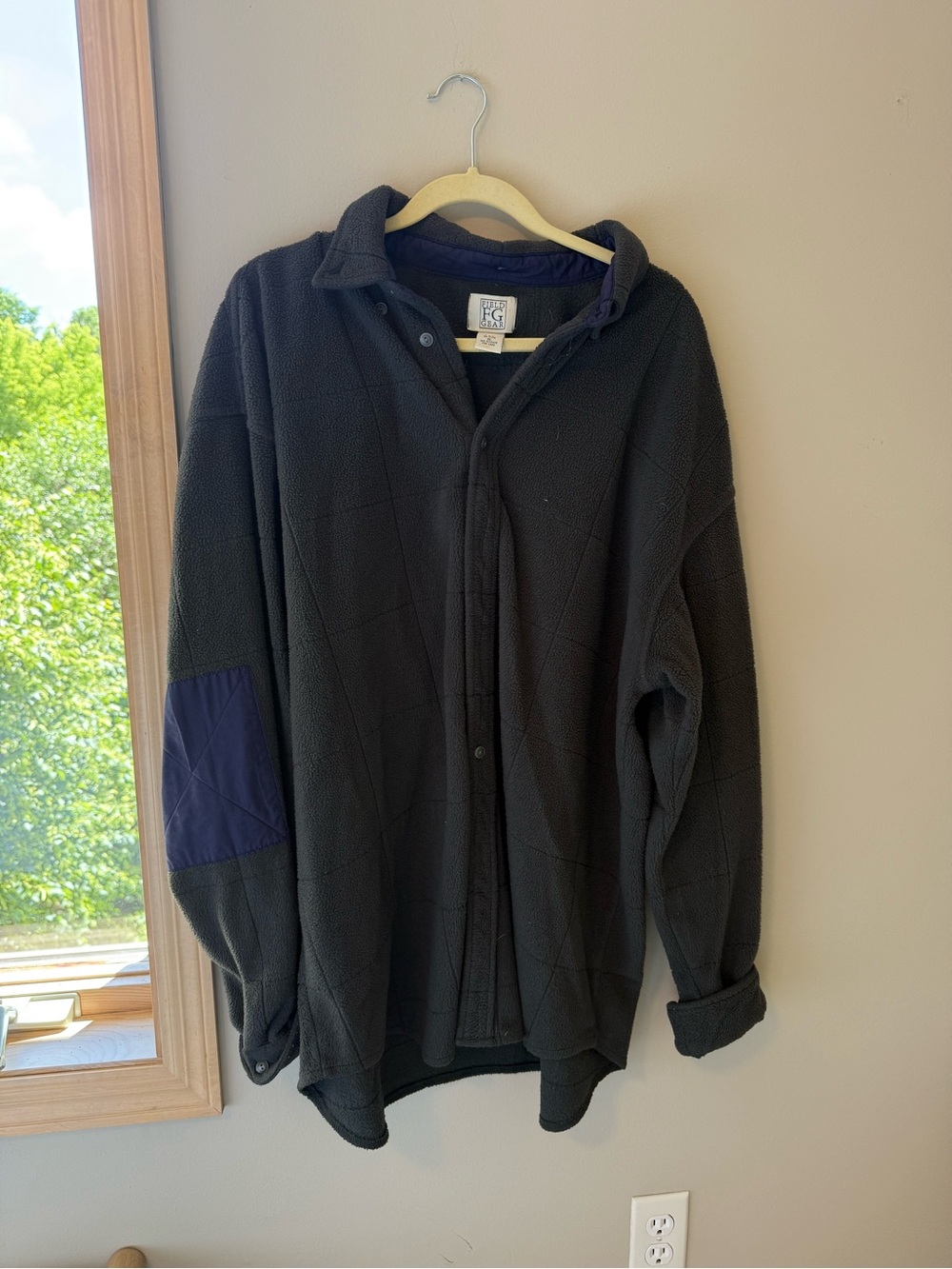 Men's Green Button-Up Fleece Sweater with Navy Elbow Patch
